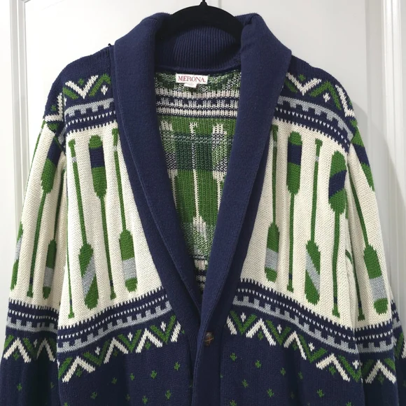 MERONA Fisherman Shawl Collar Navy Green Knit Cardigan Rowing Oar Nautical, L - Picture 3 of 11